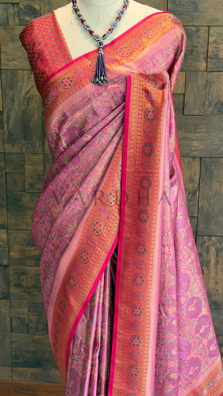 Pink Kalamkari Art Silk Saree with Gold Zari