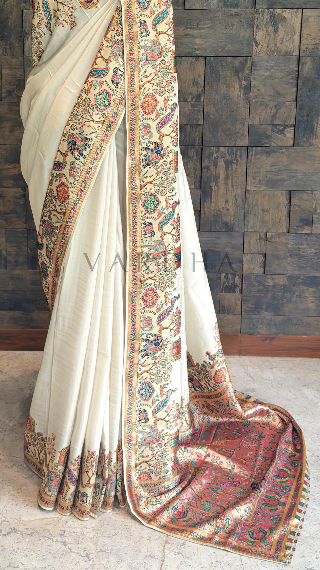 Off-White Viscose Katan Silk Saree with Zari Jungle Motifs