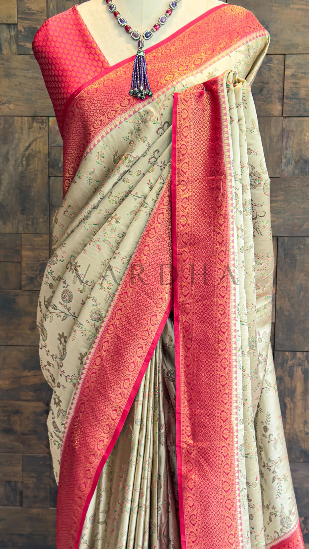 Wine-Cream Woven Kalamkari Art Silk Saree with Zari Work