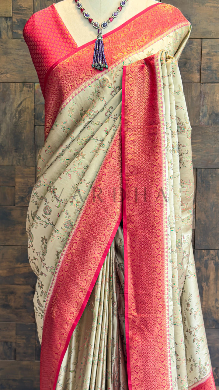 Wine-Cream Woven Kalamkari Art Silk Saree with Zari Work