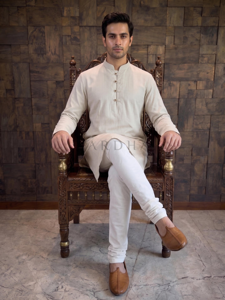 Light Grey Textured Cotton Kurta with Rustic Loop Placket