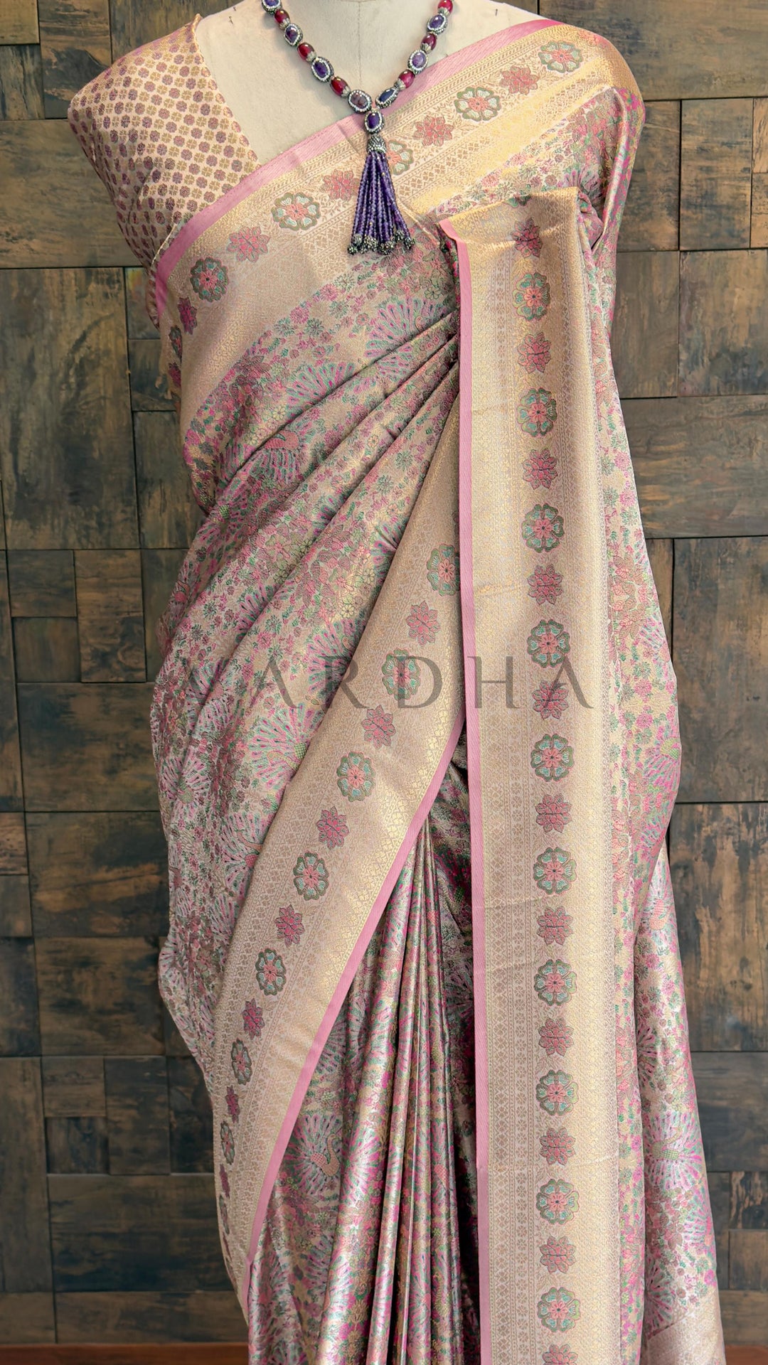 Off-White Kalamkari Art Silk Saree with Gold Zari