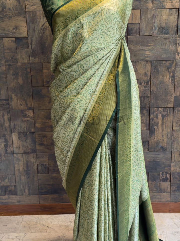 Sage Green Tanchoi Satin Silk Saree with Zari Work