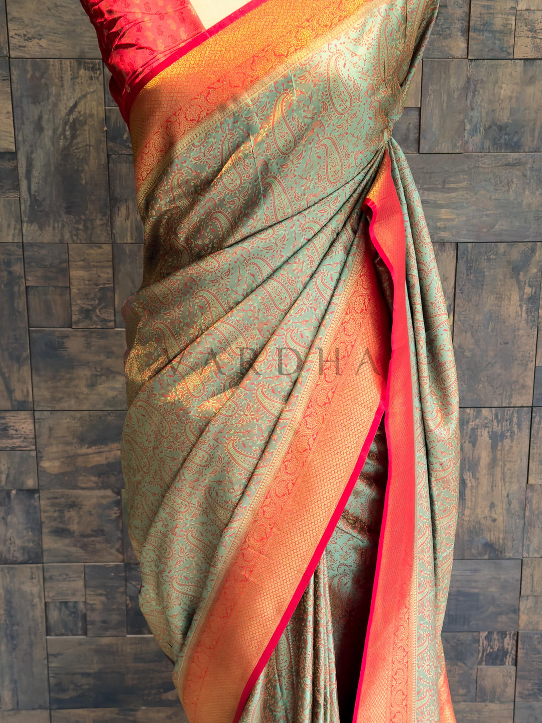 Olive Grey-Red Tanchoi Satin Silk Saree with Zari Work