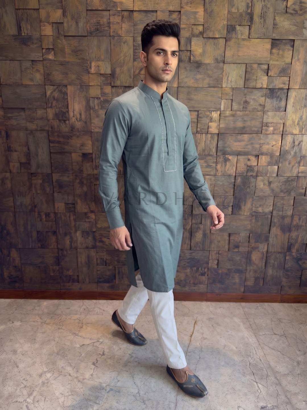 Slate Green Cotton Kurta with Concealed Pintuck Placket