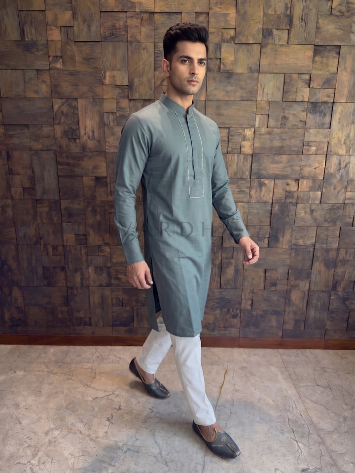 Slate Green Cotton Kurta with Concealed Pintuck Placket