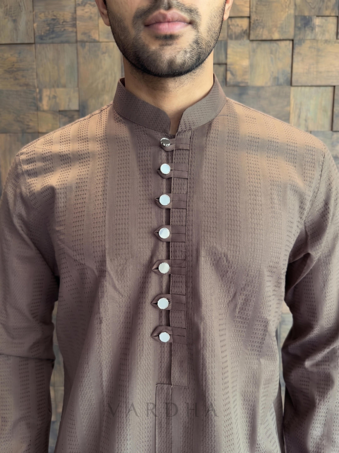 Mocha Brown Textured Cotton Kurta with Metallic Loop Placket