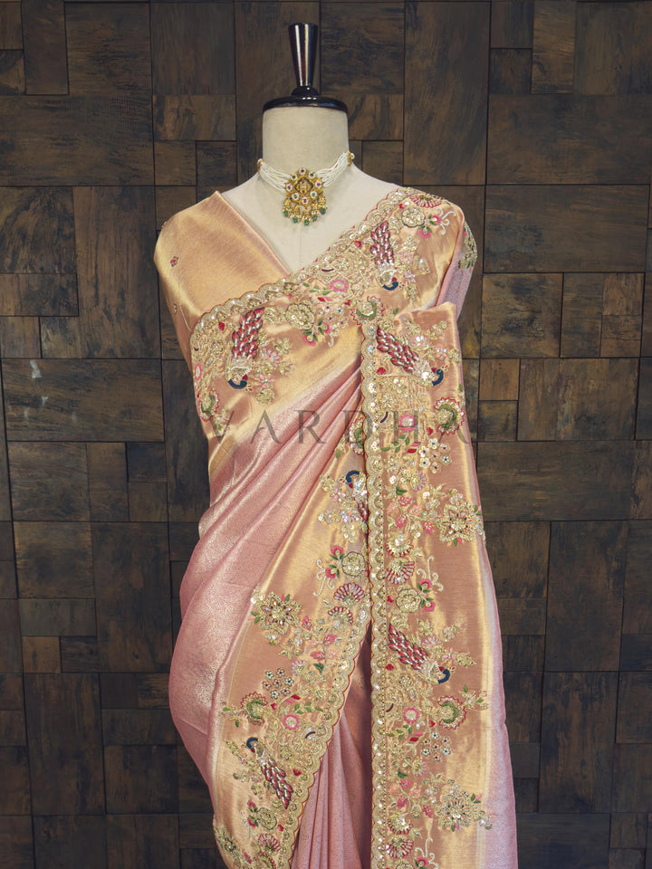 Pink Kanjivaram Tissue Silk Saree with Zari Weaving &amp; Hand Work