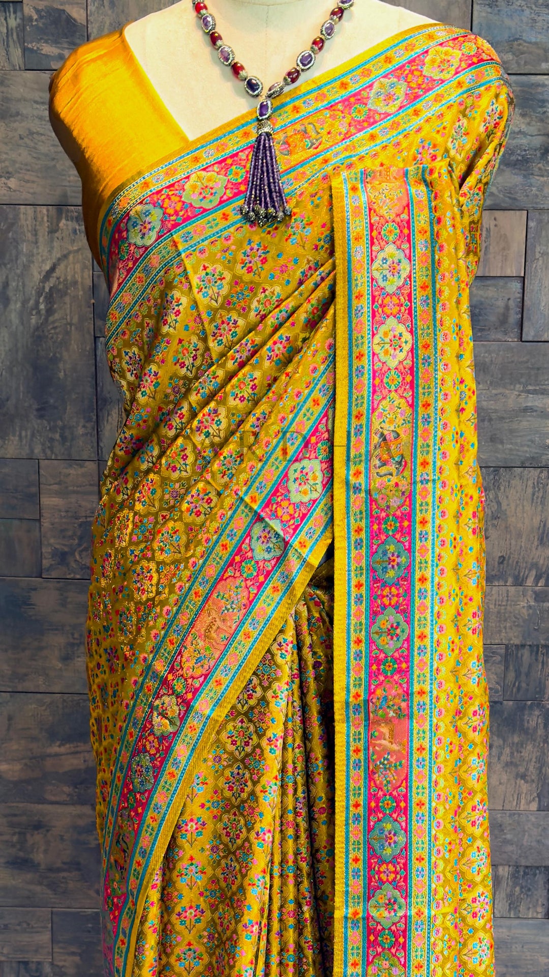 Mustard Yellow Viscose Katan Silk Saree with Zari Floral Buttis Mustard Satin Blouse