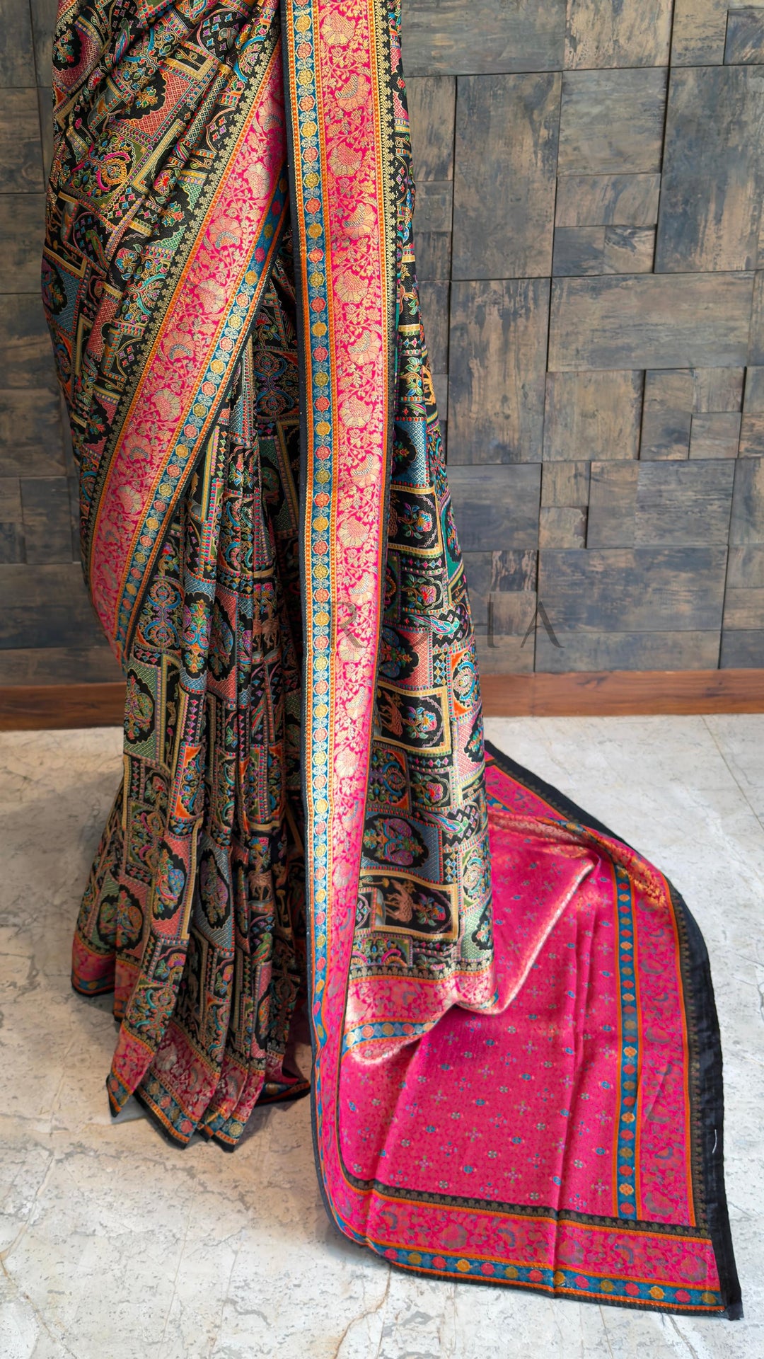 Black &amp; Pink Katan Art Silk Saree with Box Pattern Motifs