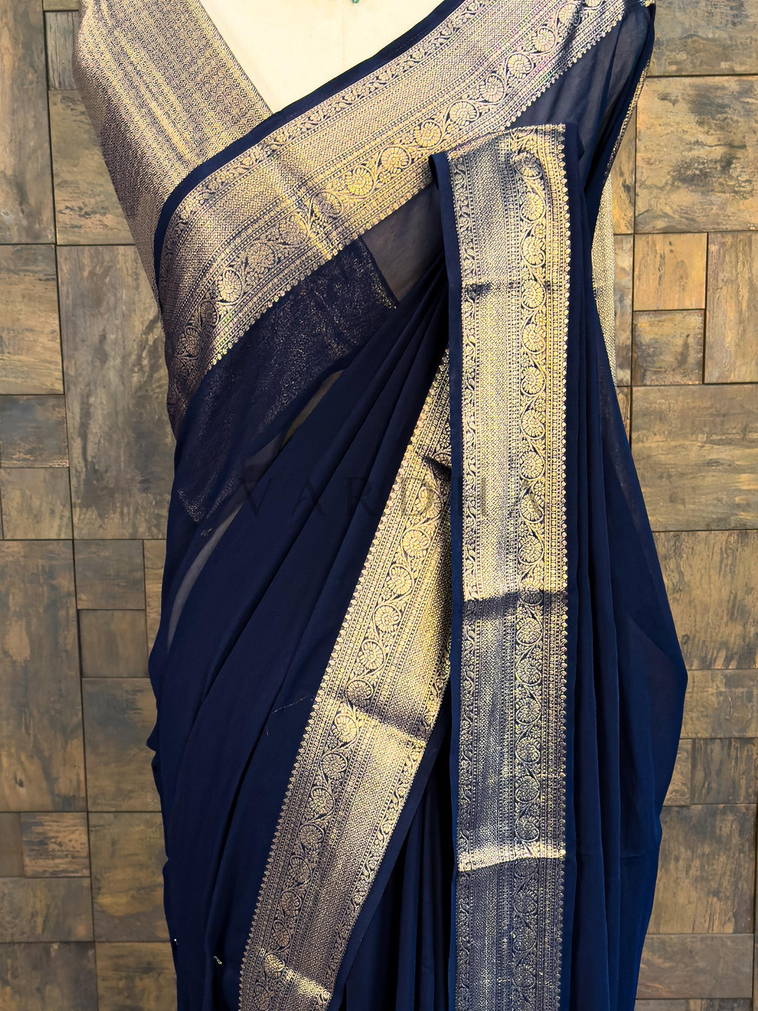 Blue Georgette Feather Soft Saree with Gold Zari Work