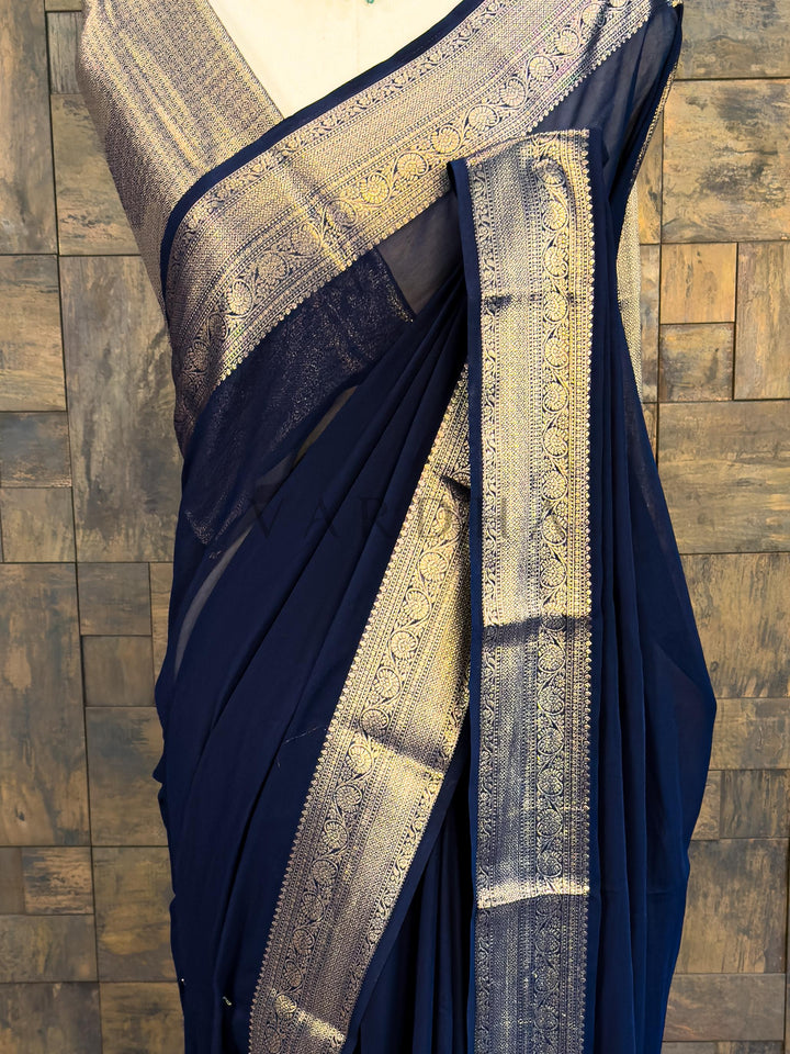 Blue Georgette Feather Soft Saree with Gold Zari Work
