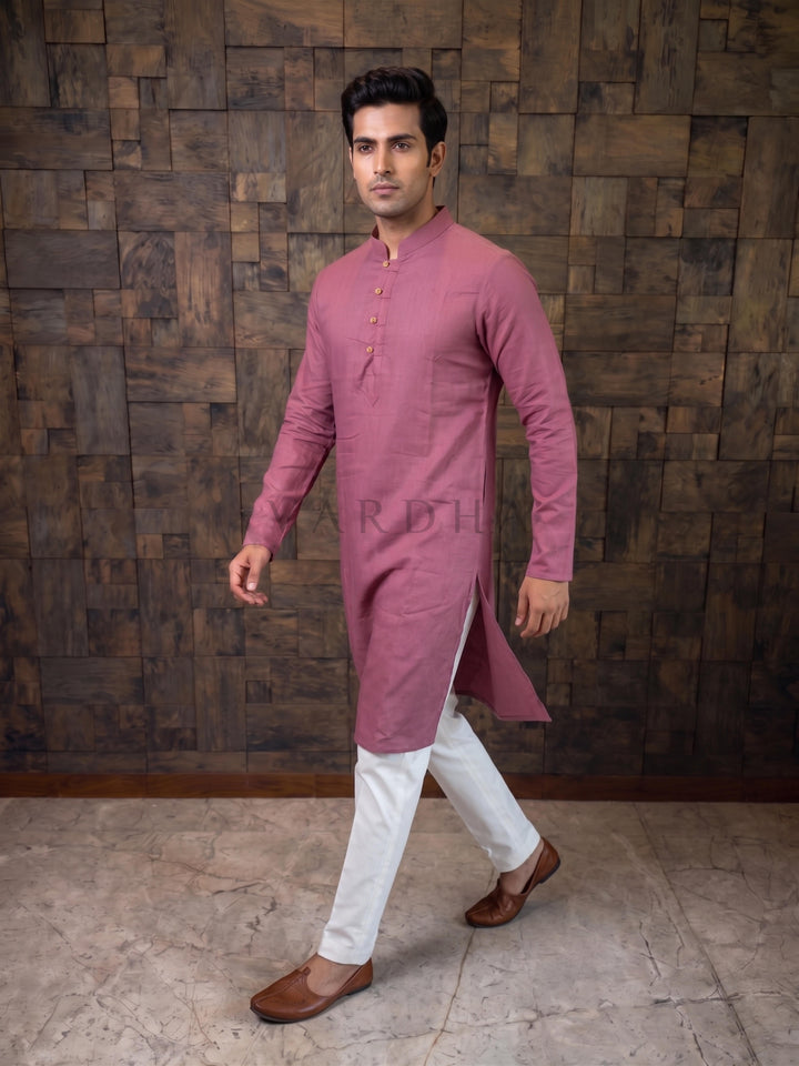 Mauve Pink Textured Cotton Kurta with Rustic Loop Placket