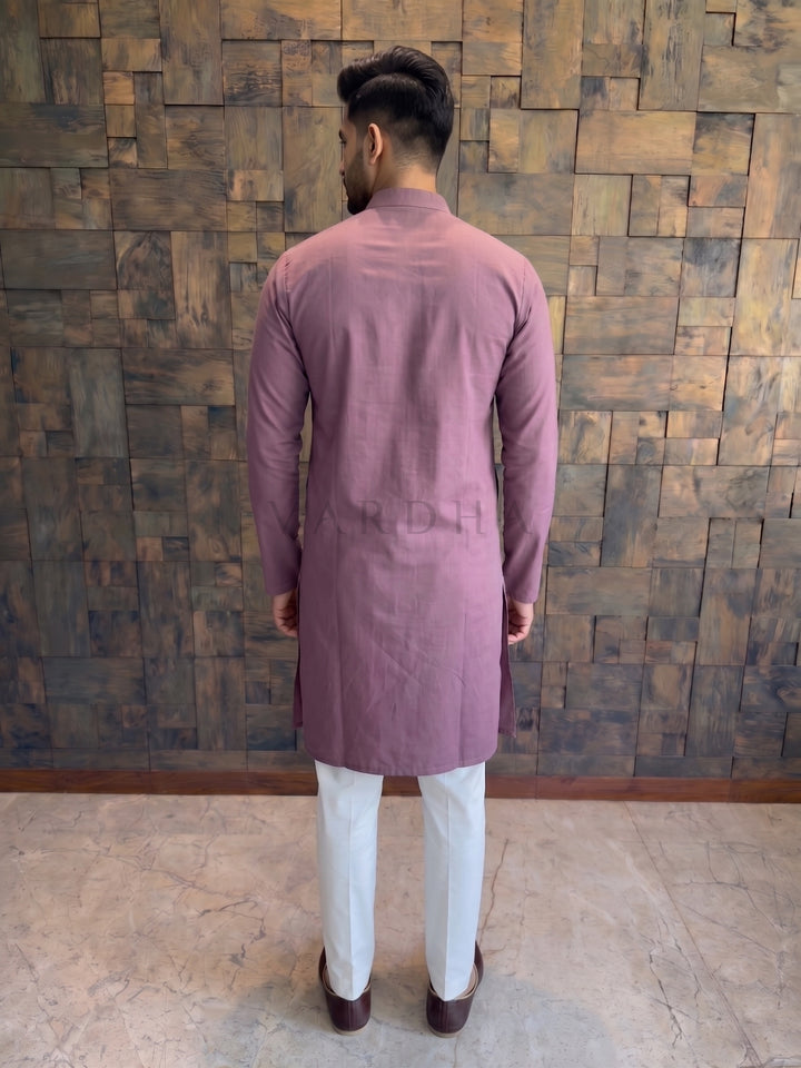 Dusty Mauve Pink Textured Cotton Kurta with Metallic Loop Placket