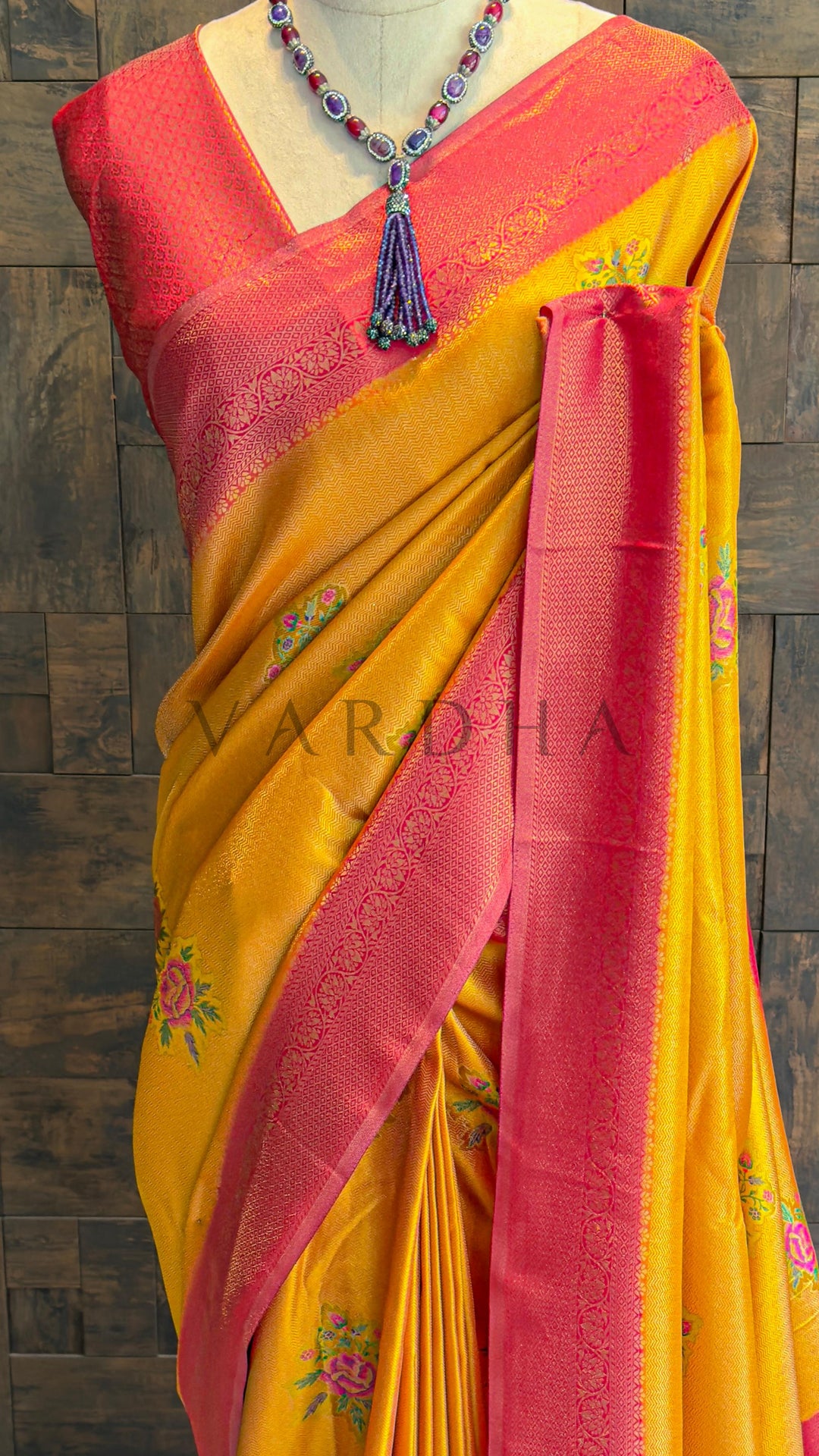 Mustard Yellow Kalamkari Art Silk Saree with Woven Zari