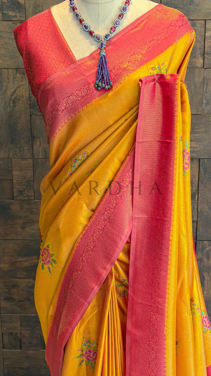Mustard Yellow Kalamkari Art Silk Saree with Woven Zari