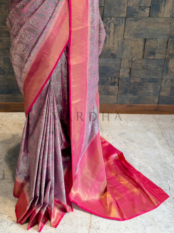 Grey Tanchoi Silk Saree with Multicolor Paisley Weave