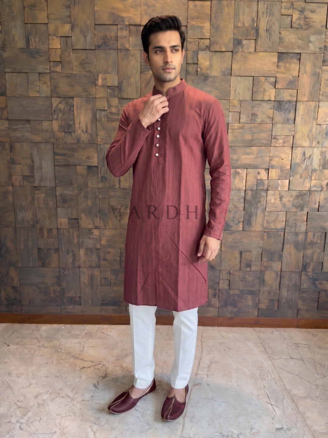 Maroon Textured Cotton Kurta with Metallic Loop Placket