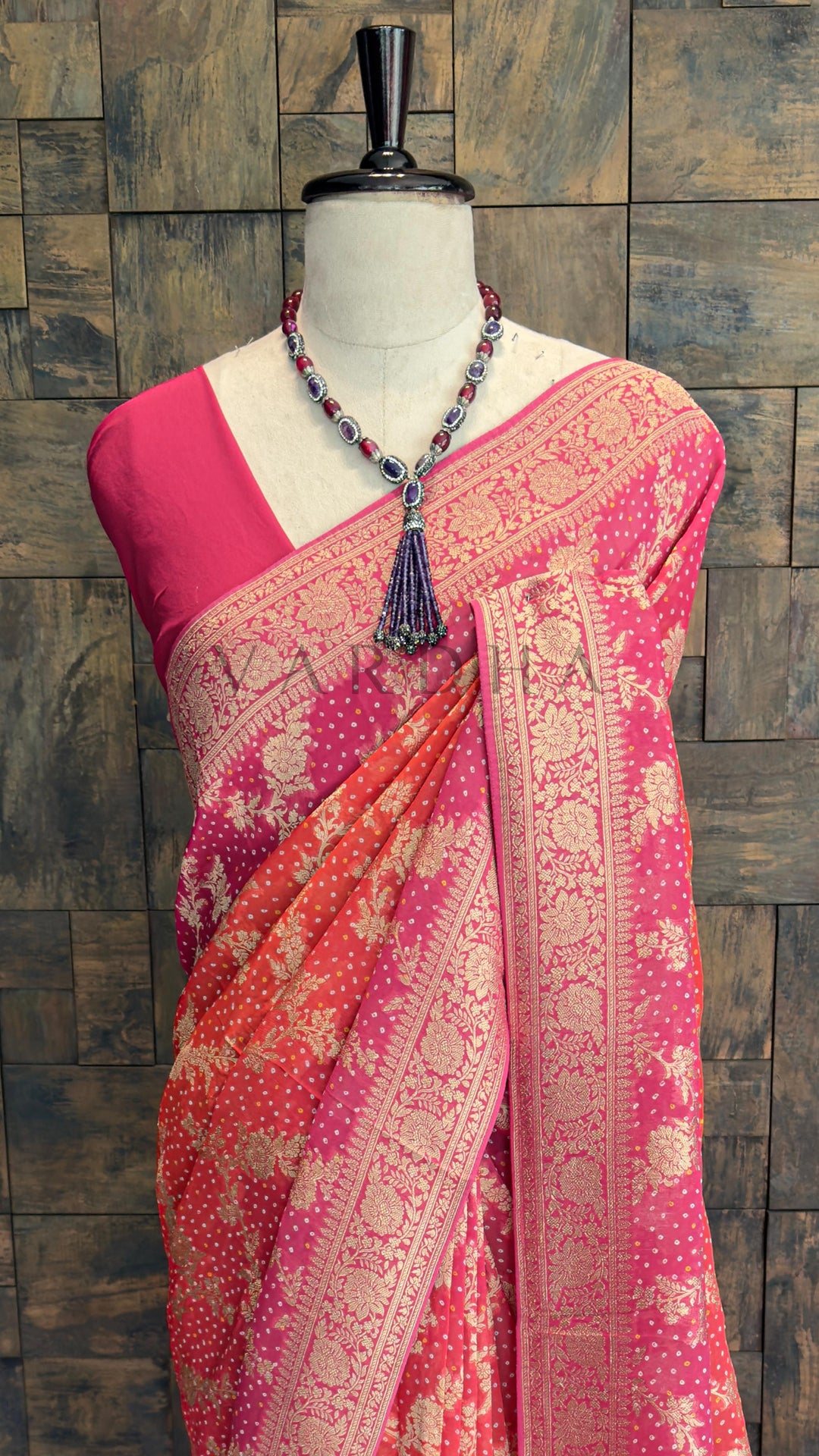 Red Bandhani Feathersoft Georgette Saree with Gold Zari Weaving
