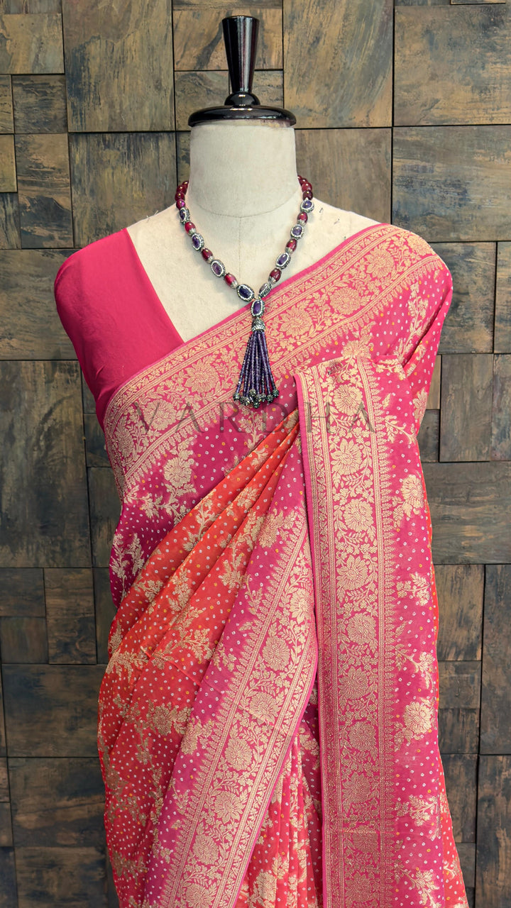 Red Bandhani Feathersoft Georgette Saree with Gold Zari Weaving