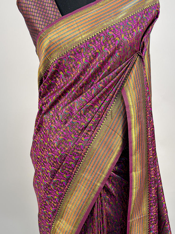 Black Tanchoi Satin Silk Saree with Multicolor Parrot Motifs &amp; Golden Zari Striped Border