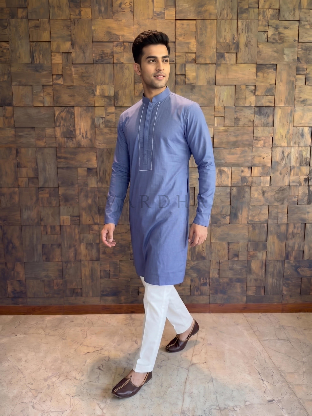French Blue Cotton Kurta with Concealed Pintuck Placket