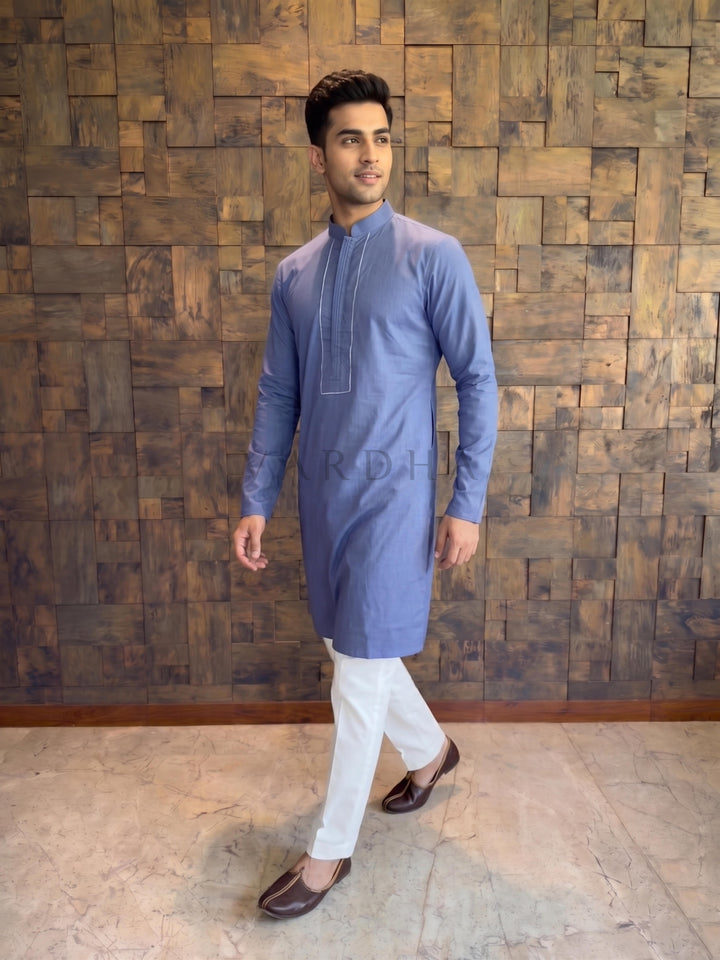French Blue Cotton Kurta with Concealed Pintuck Placket