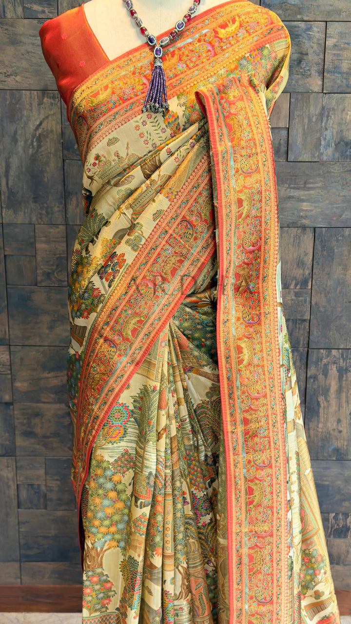 Off-White Mughal Motif Banarasi Katan Silk Saree with Red Tissue Blouse