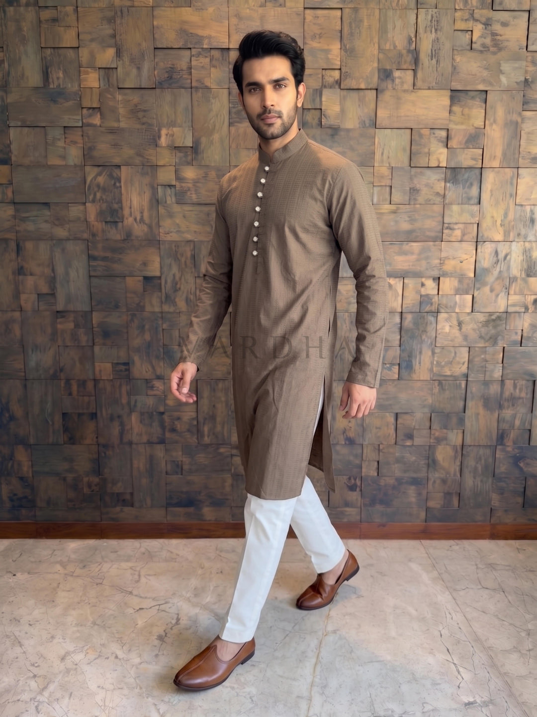 Mocha Brown Textured Cotton Kurta with Metallic Loop Placket
