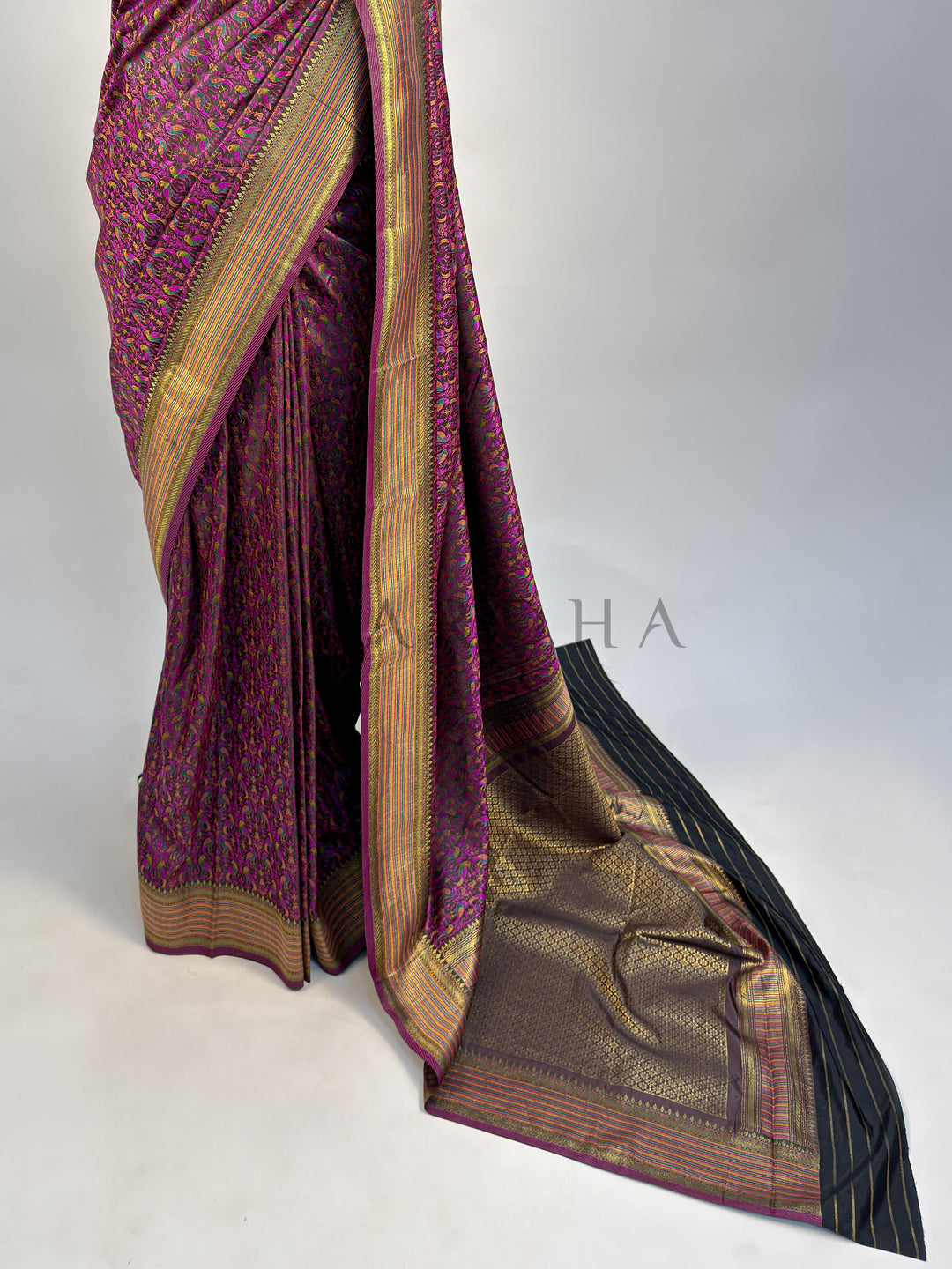 Black Tanchoi Satin Silk Saree with Multicolor Parrot Motifs &amp; Golden Zari Striped Border