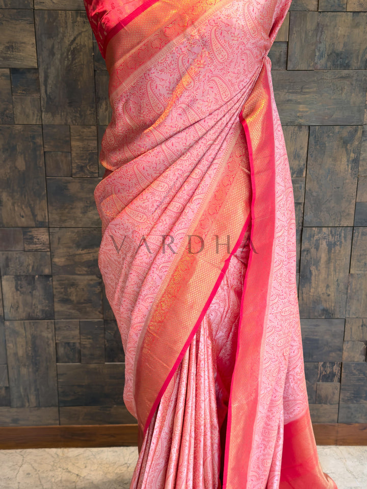 Peach-Pink Tanchoi Satin Silk Saree with Zari Work