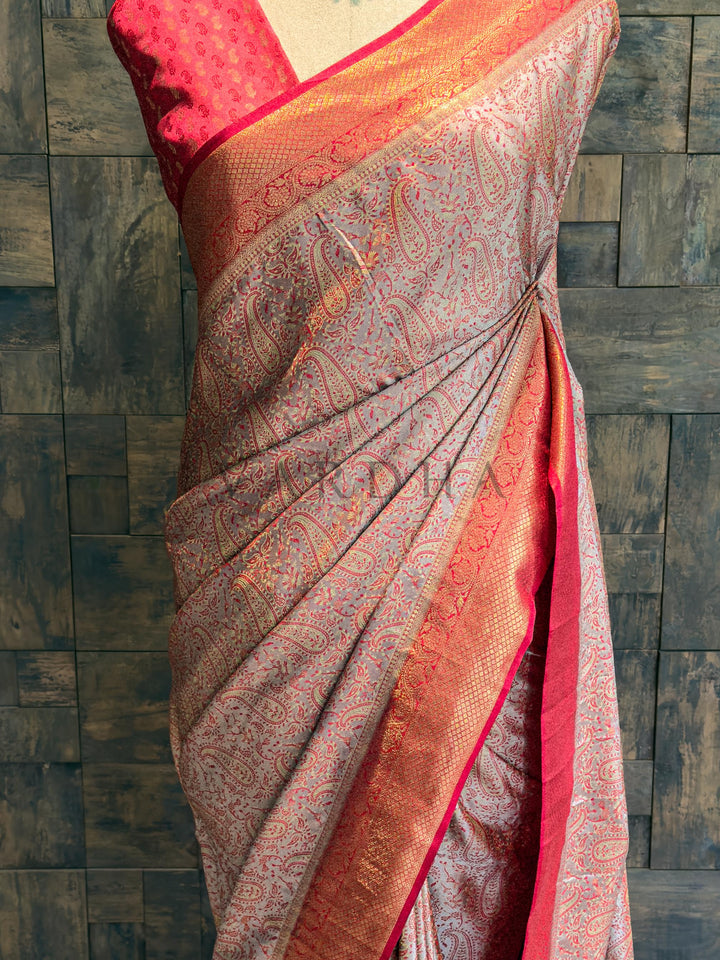 Grey-Red Tanchoi Satin Silk Saree with Zari Work
