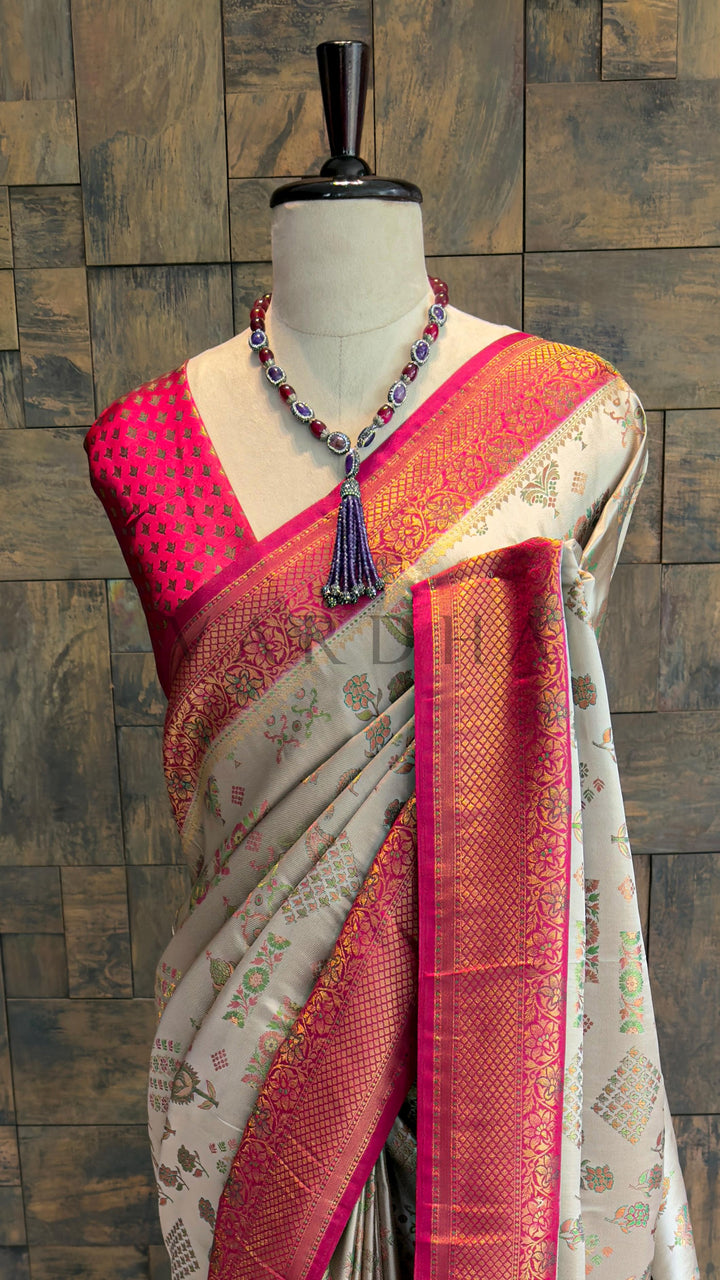 Cream Wine Woven Kalamkari Art Silk Saree with Zari Work