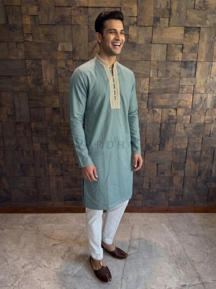 Teal Blue Cotton Kurta with Gold Embroidered V-Neck Placket