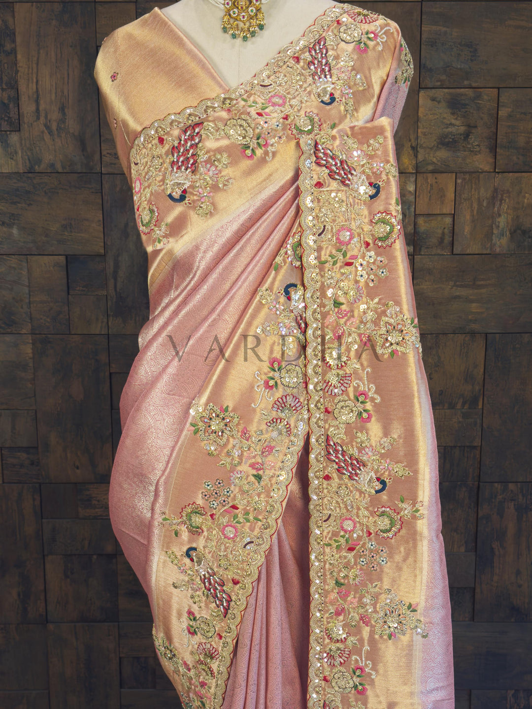 Pink Kanjivaram Tissue Silk Saree with Zari Weaving &amp; Hand Work