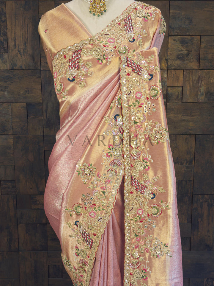 Pink Kanjivaram Tissue Silk Saree with Zari Weaving &amp; Hand Work