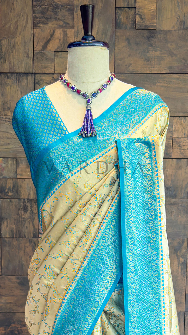 Rama Blue-Cream Woven Kalamkari Art Silk Saree with Zari Work
