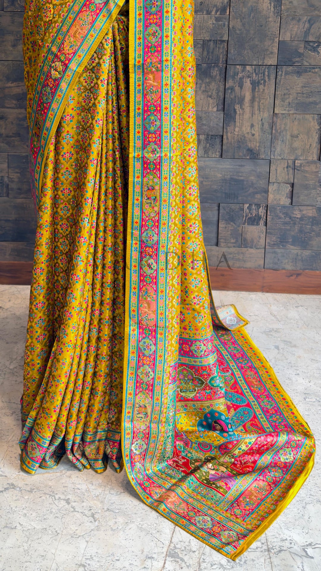 Mustard Yellow Viscose Katan Silk Saree with Zari Floral Buttis Mustard Satin Blouse