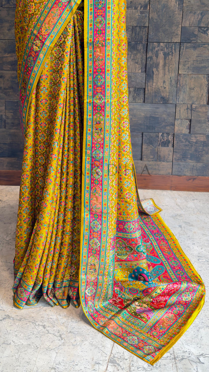 Mustard Yellow Viscose Katan Silk Saree with Zari Floral Buttis Mustard Satin Blouse