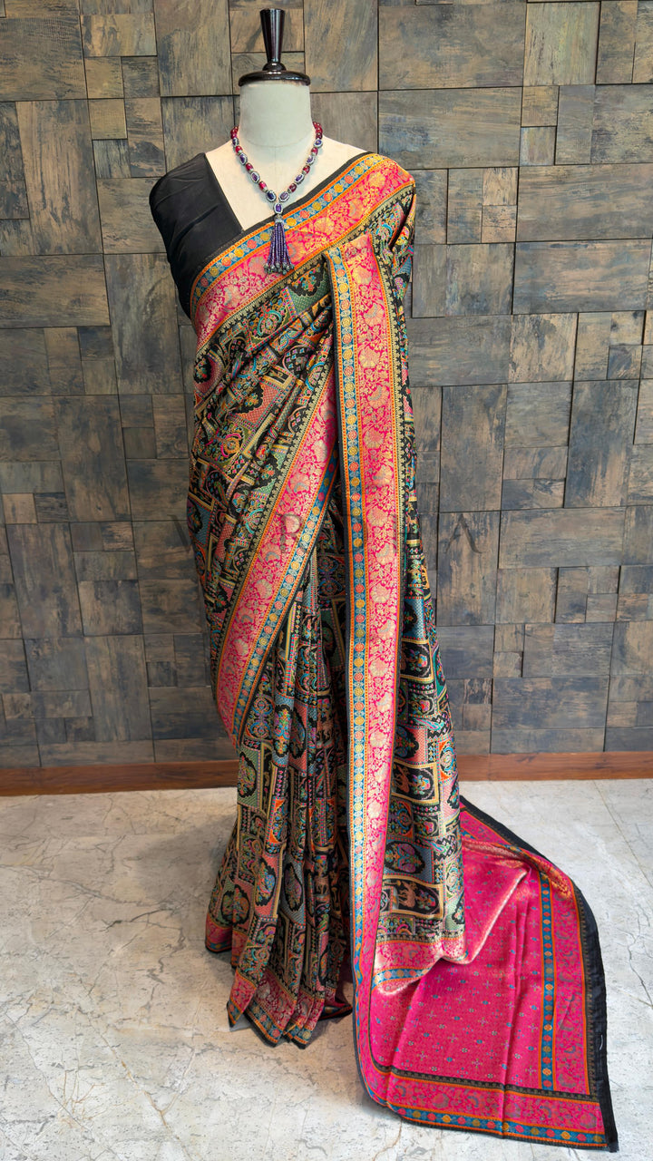 Black &amp; Pink Katan Art Silk Saree with Box Pattern Motifs
