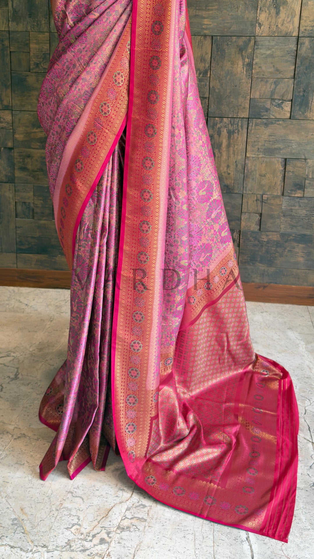 Pink Kalamkari Art Silk Saree with Gold Zari