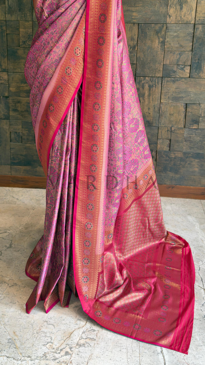 Pink Kalamkari Art Silk Saree with Gold Zari