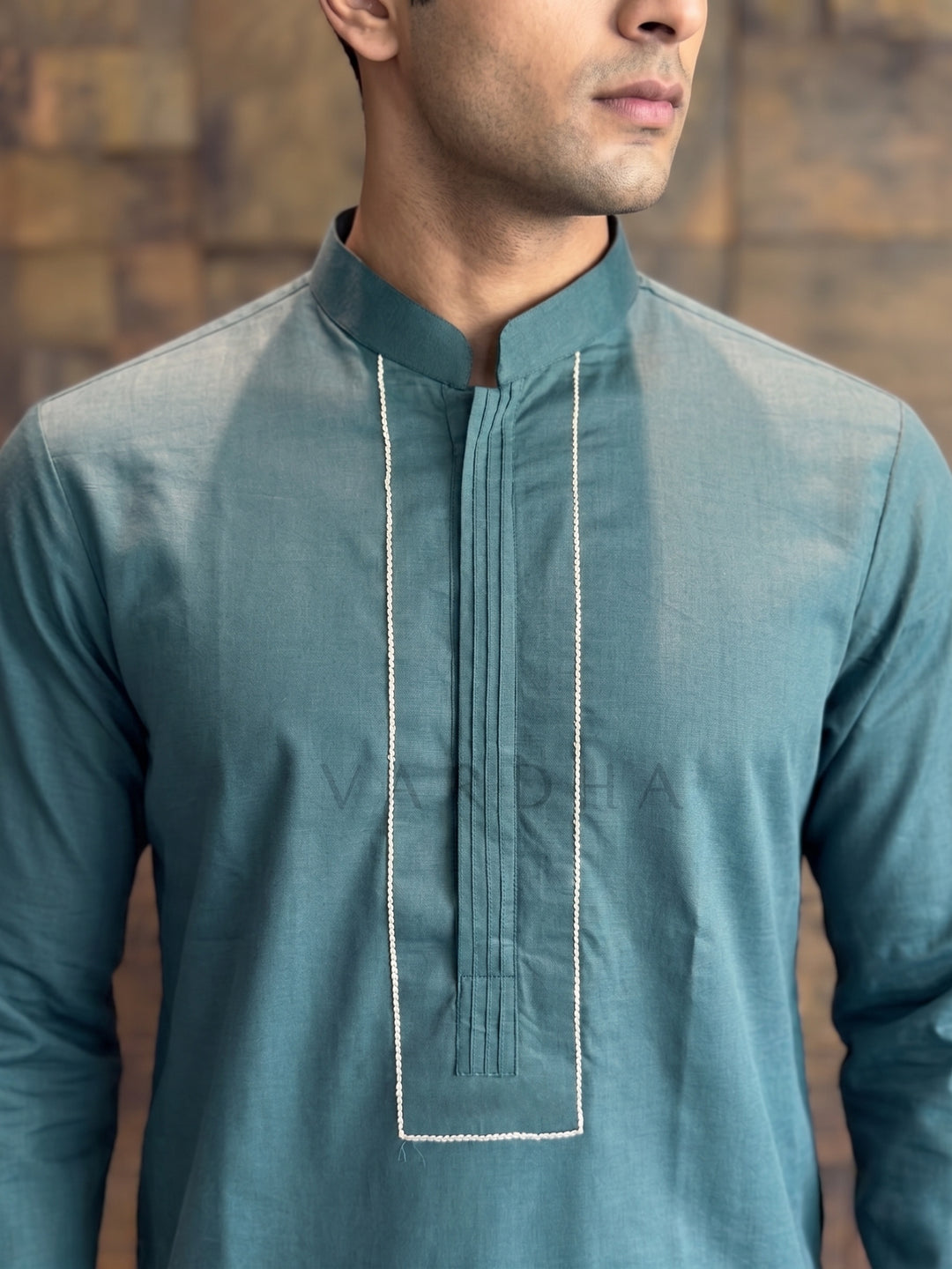Slate Green Cotton Kurta with Concealed Pintuck Placket