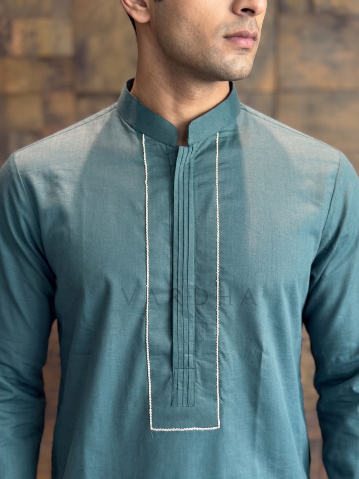 Slate Green Cotton Kurta with Concealed Pintuck Placket