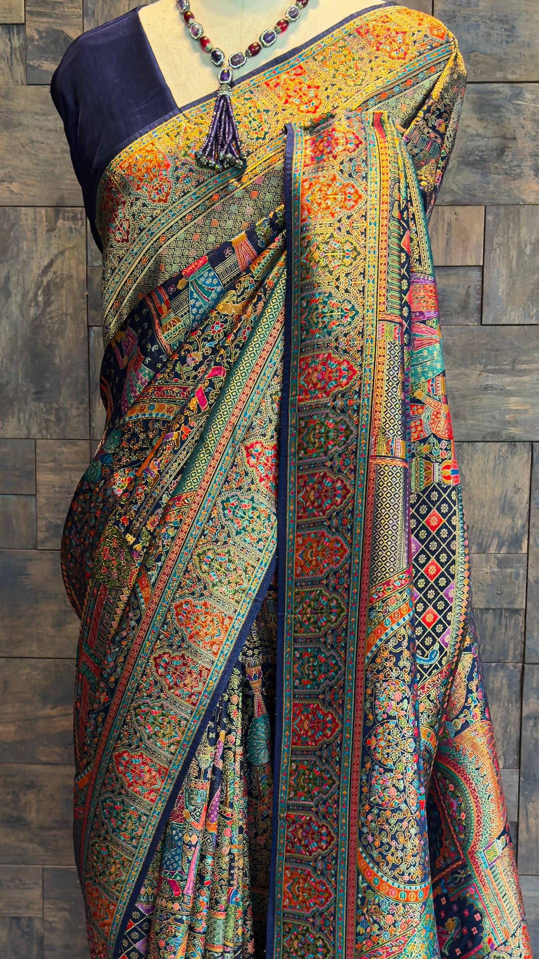 Navy Blue Banarasi Katan Silk Saree | Darbari Style with Traditional Kalamkari Zari Work