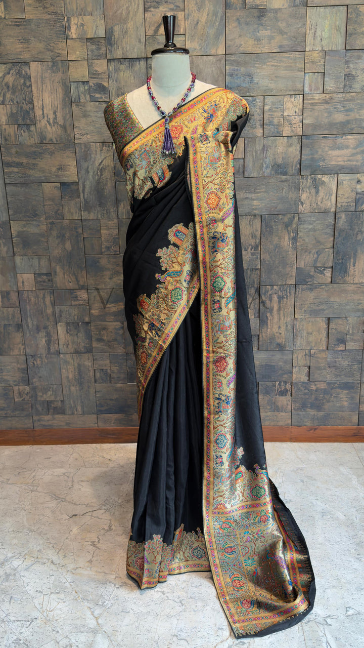 Black Viscose Katan Silk Saree with Zari Jungle Motifs