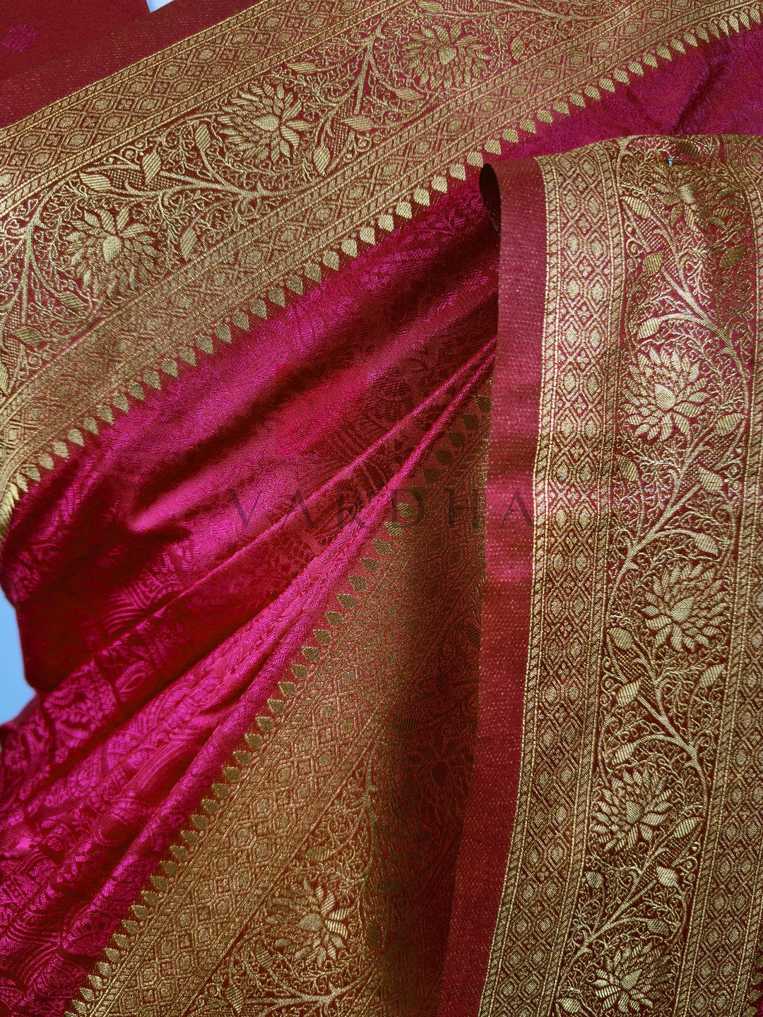 Wine Banarasi Satin Silk Saree with Gold Zari