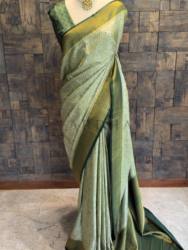 Sage Green Tanchoi Satin Silk Saree with Zari Work