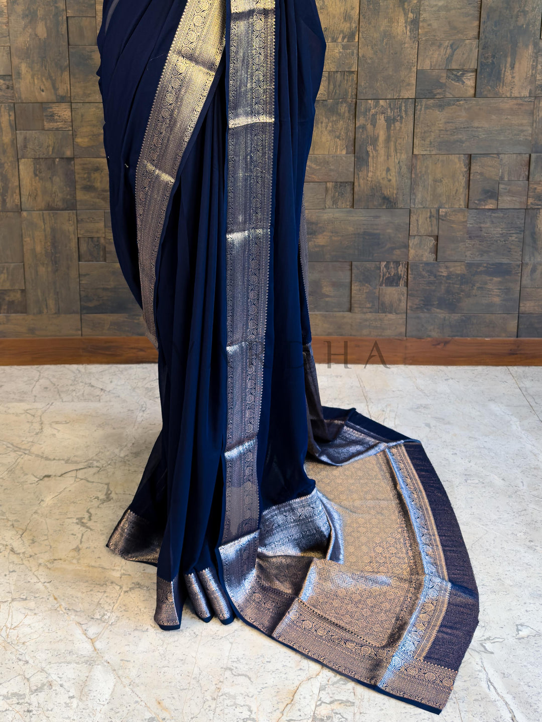 Blue Georgette Feather Soft Saree with Gold Zari Work