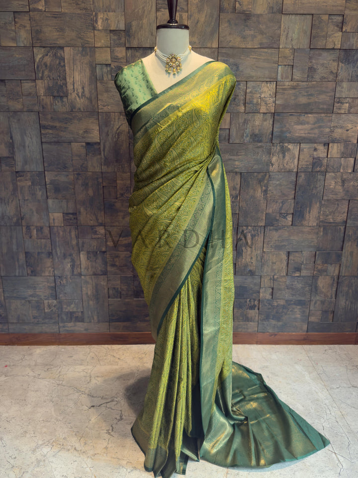 Lime Green Tanchoi Satin Silk Saree with Zari Work